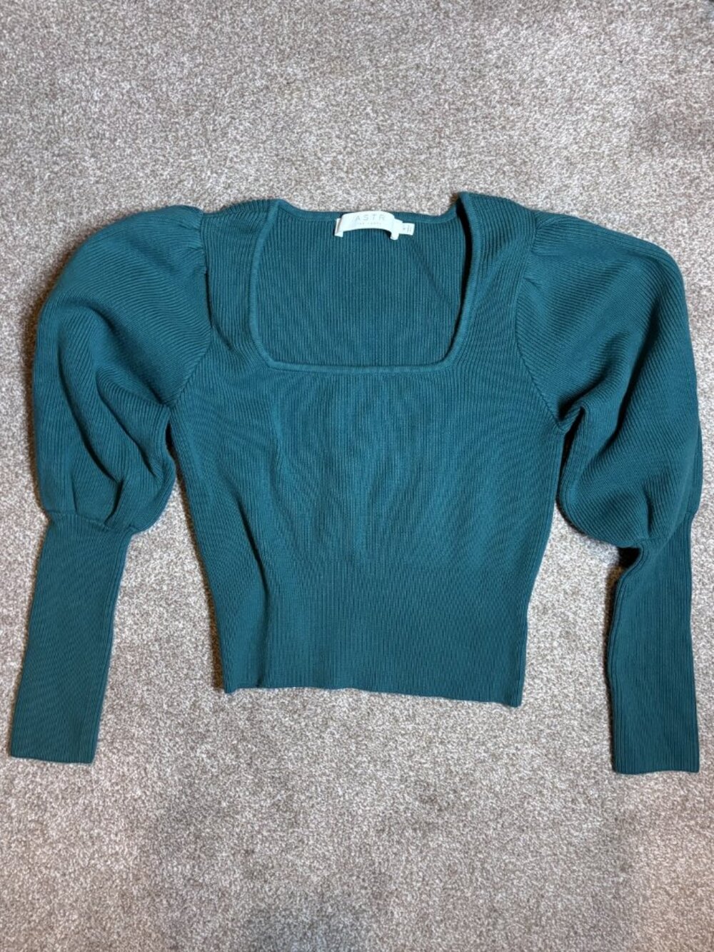ASTR the Label S Dark Teal Ribbed Square Neck Puff Sleeve Cropped Sweater